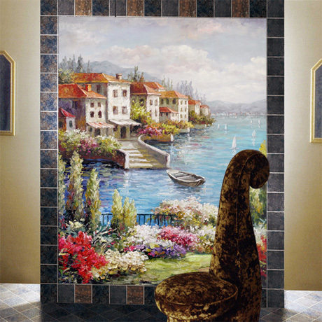 小船风景油画壁纸小城市壁画欧式客厅玄关过道定制壁画