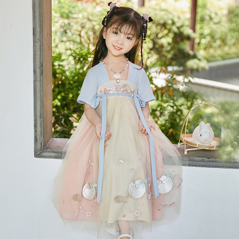 儿童汉服女童夏季短袖高端超仙黄色宝宝齐胸唐装