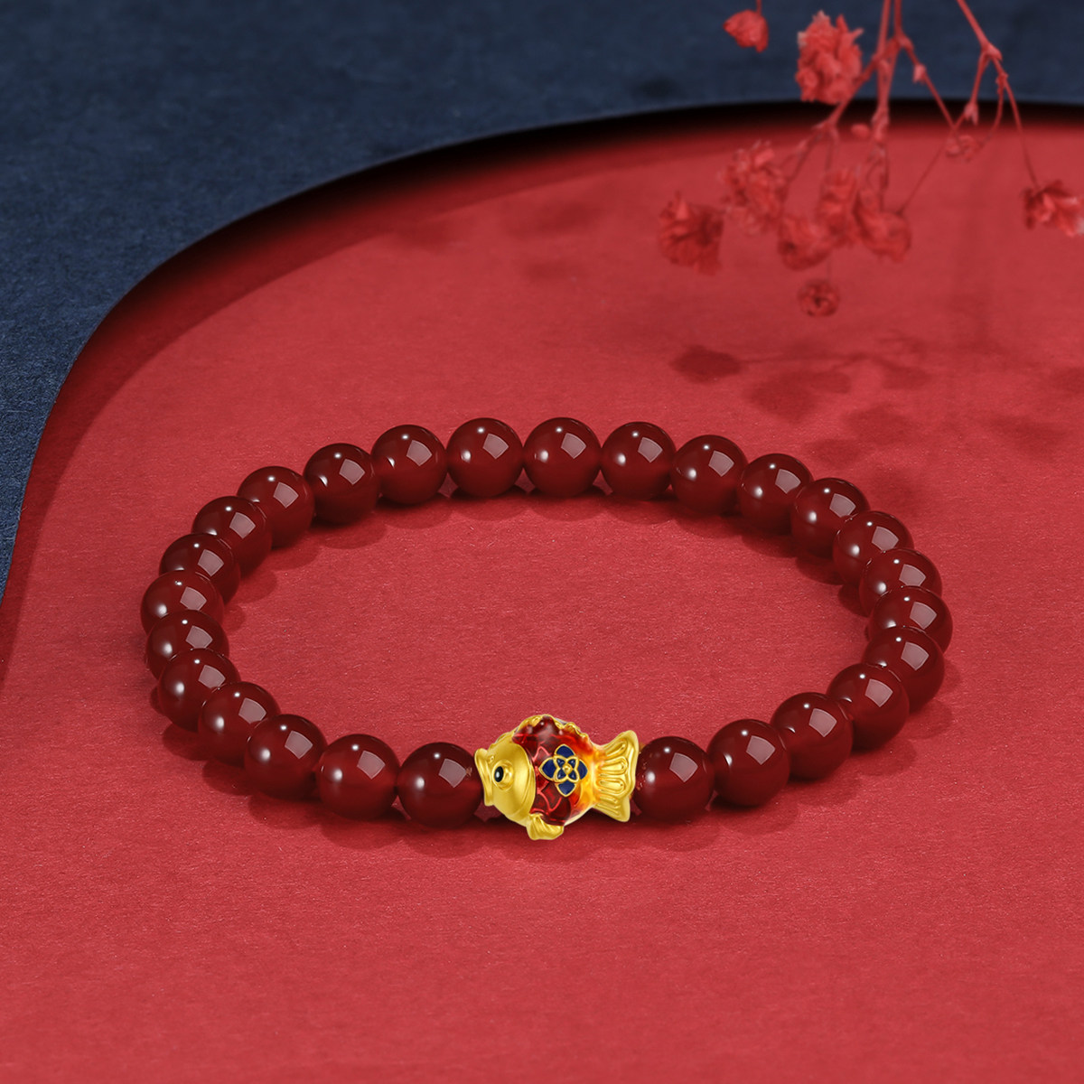 新品吉盟福字红绿锦鲤转运珠足金红玛瑙手串3d硬金烤漆手链女