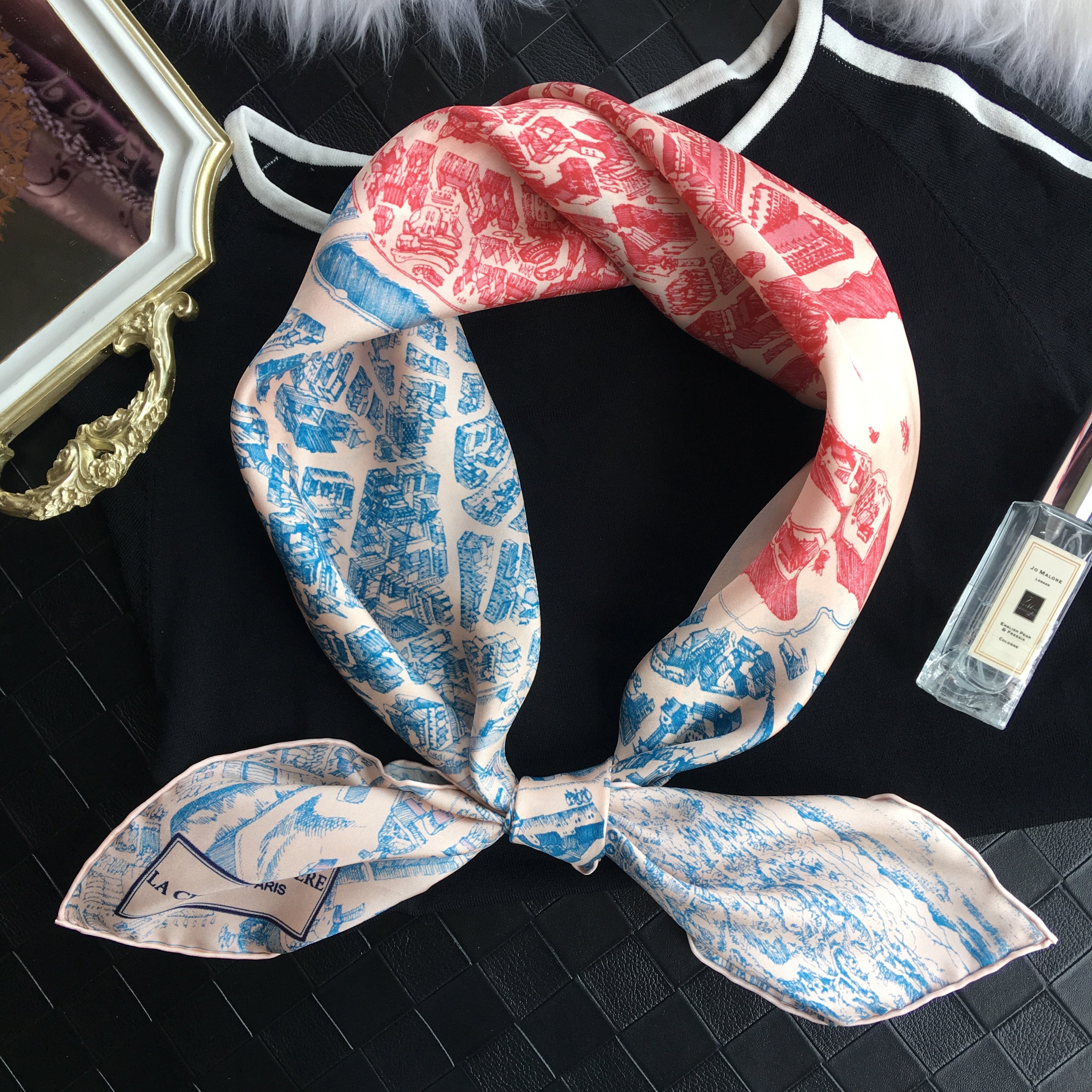 丝巾骏马之城秀智同款桑蚕蚕丝对比配色姆米围巾