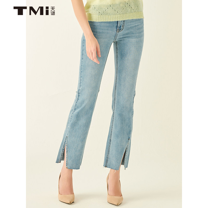 商场同款天谜女装夏季热卖蓝色水洗侧开牛仔裤牛仔裤
