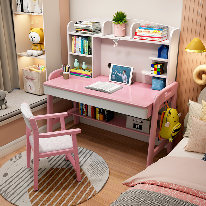 实木书桌书架一体学习桌儿儿童家用卧室中小学生儿童学习桌