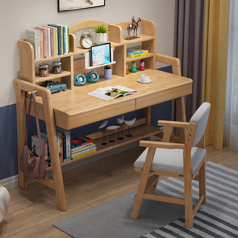 实木书桌书架简约家用卧室中小学生初中生儿童学习桌