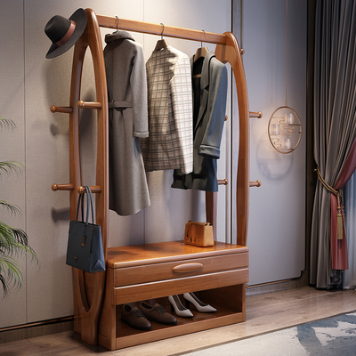 实木衣帽架落地挂衣架卧室简约新中式带抽屉置物多功能挂衣服架子