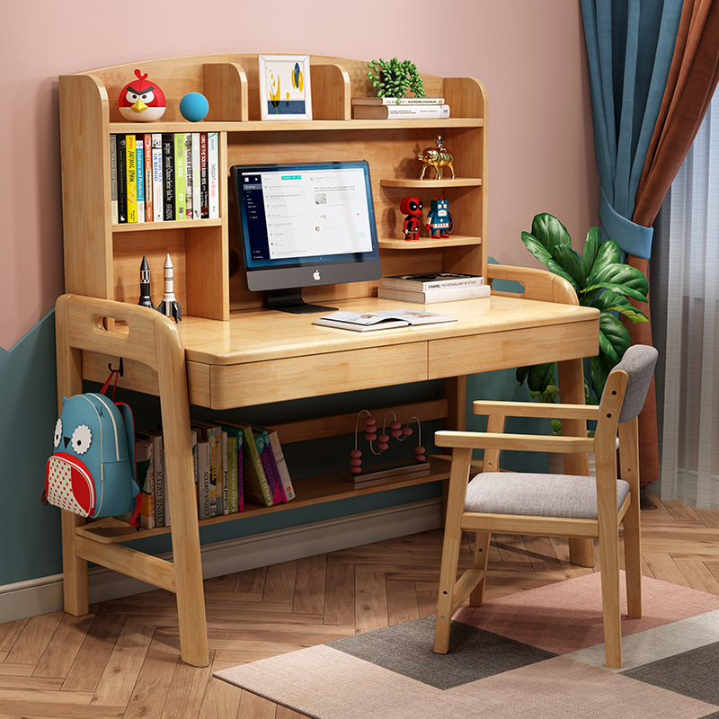 实木学习桌男孩儿童书桌书架一体简约电脑桌家用卧室学生写字桌子