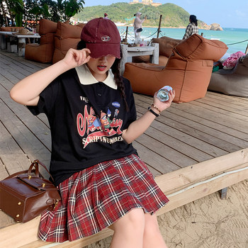 YUZI fish roe top contrasting color lapel T-shirt plus size women's women fat ເລັກນ້ອຍ mm girl looks slim and cover 200 pounds of the age-old printer
