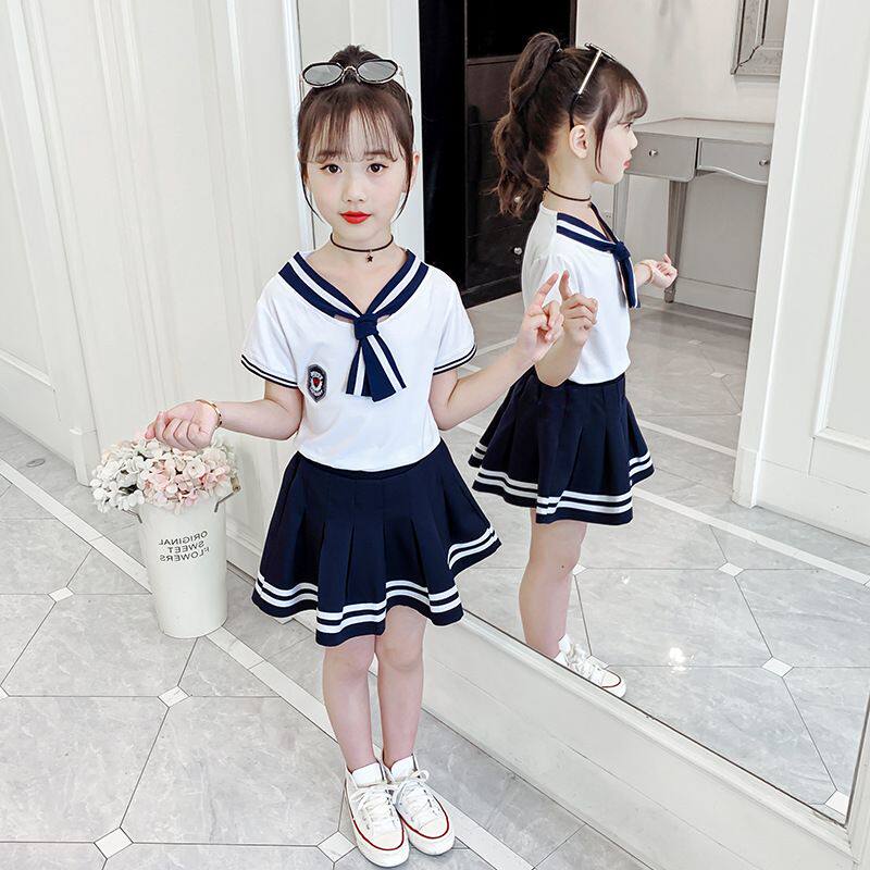 女童短袖短裙套装夏装校园校服学院小女孩海军风套装