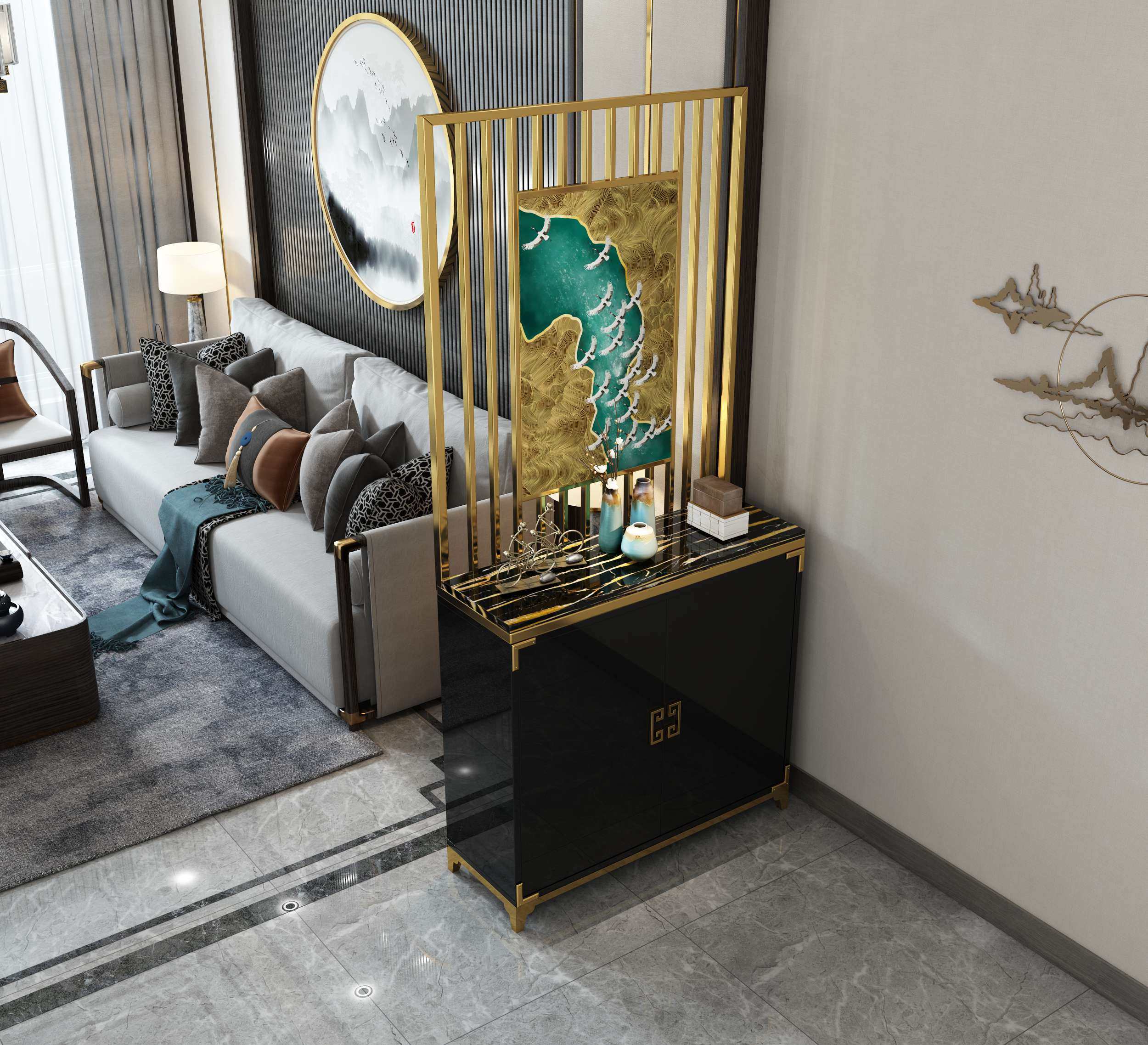 玄关屏风隔断进门轻奢鞋柜一体装饰简约现代门厅