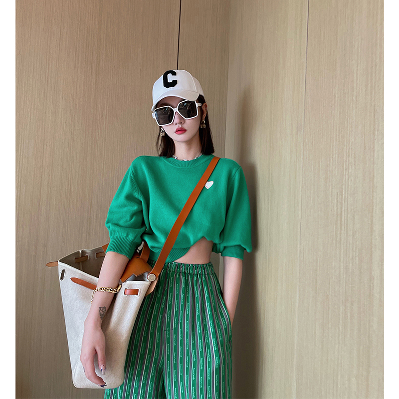 【现货】小景 100澳毛 爱心光波 宫廷五分袖撞色清新针织衫女