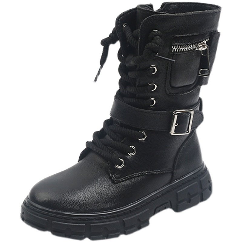 加绒头牛皮口袋真皮军靴儿童童鞋男童女童马丁皮靴