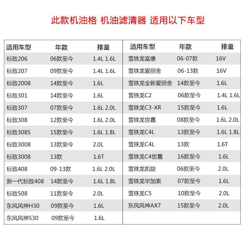 适配标致3008机油滤芯格博博世机油滤芯