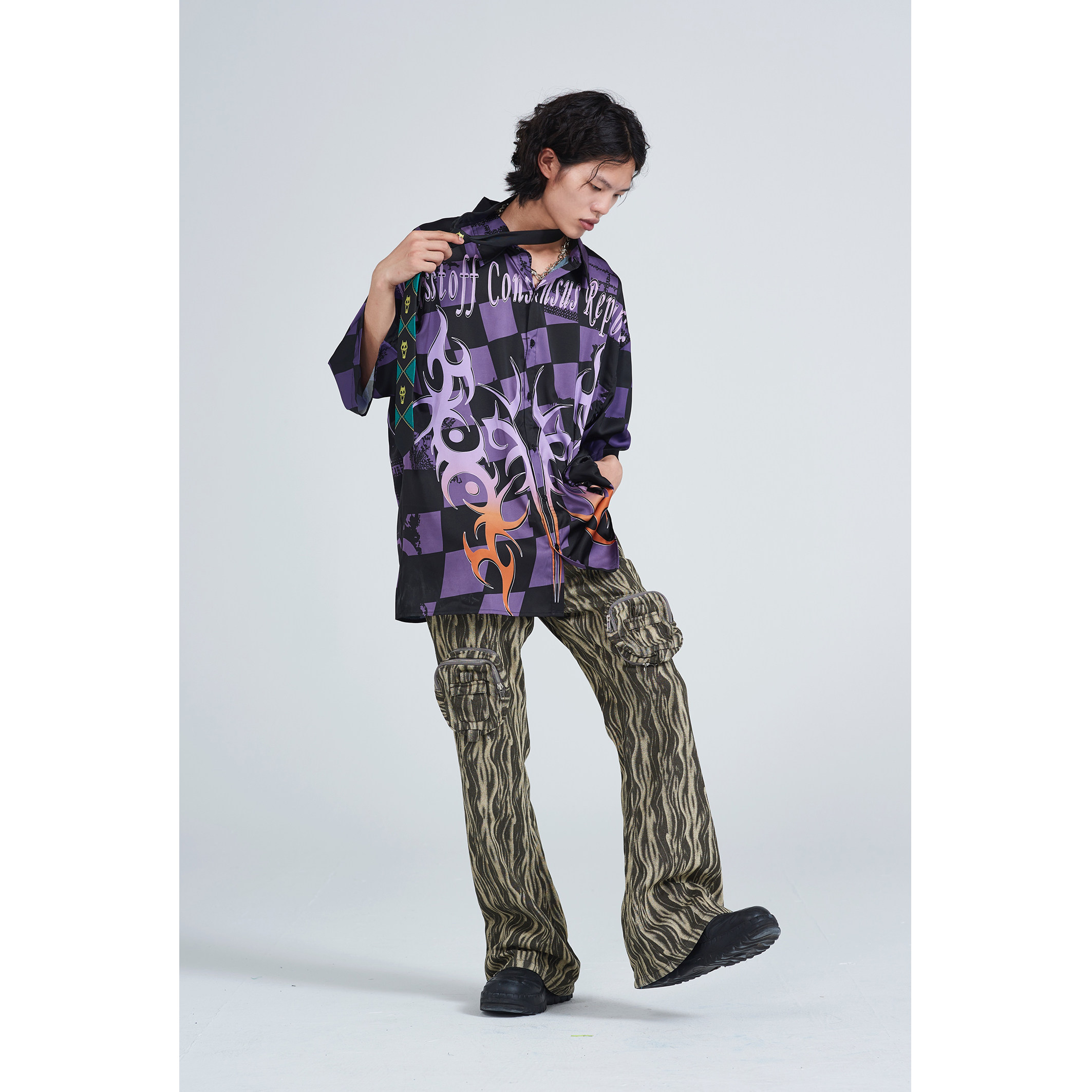 erisstoff 千禧y2k墨紫色棋盘格复古赛博蝴蝶垂感数码印花衬衫