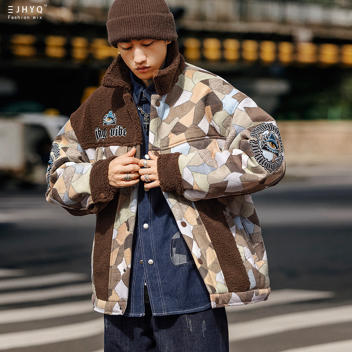 净化眼球冬季复古麂皮羊羔毛棉衣男装加厚宽松休闲拼接青少年棉服