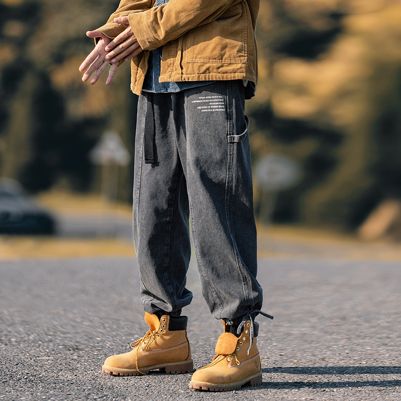 净化眼球秋冬原创自制加厚牛仔潮牌宽松直筒抽绳束脚工装裤收脚裤