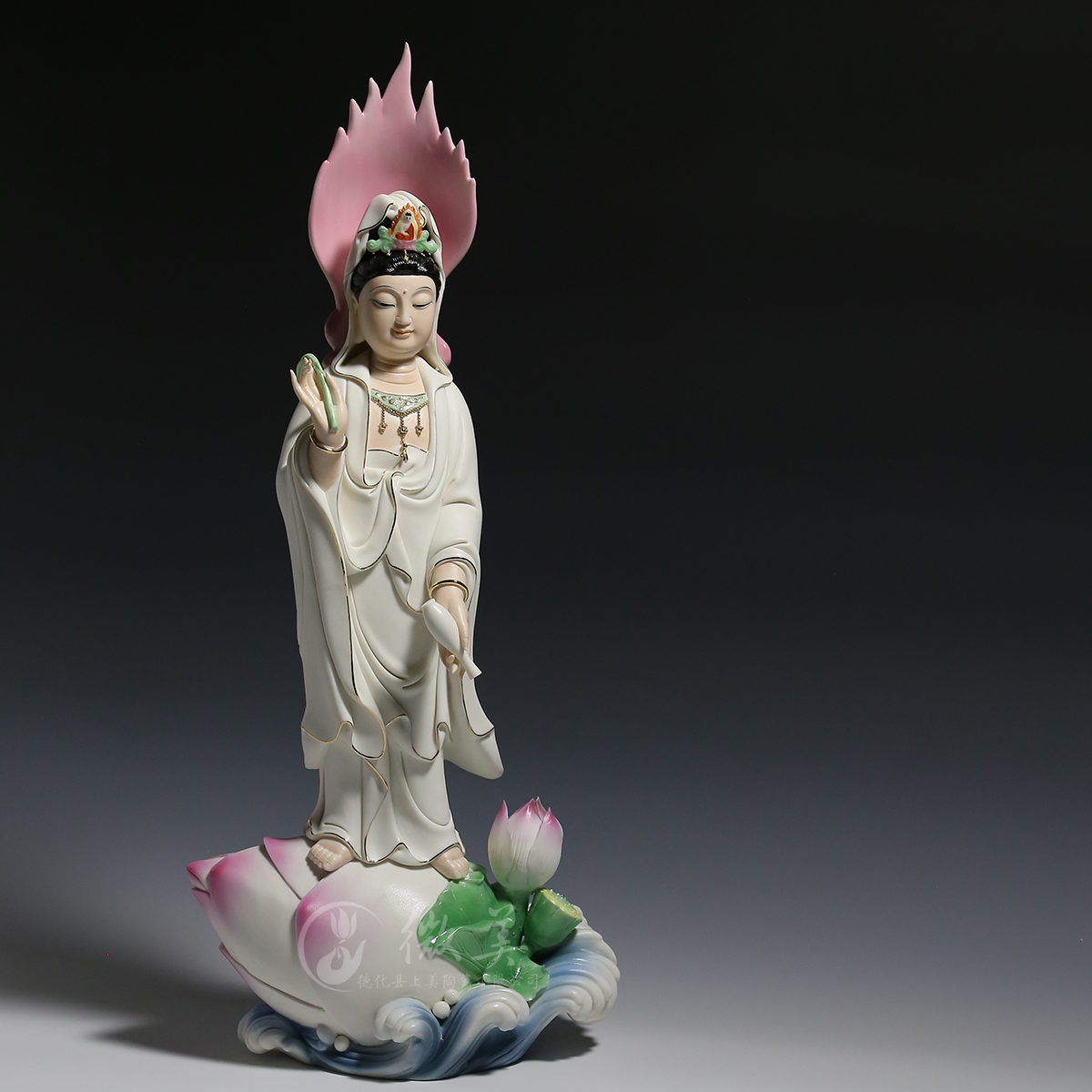 观音德化陶瓷21寸立荷背屏菩萨佛像居家用品艺术摆件