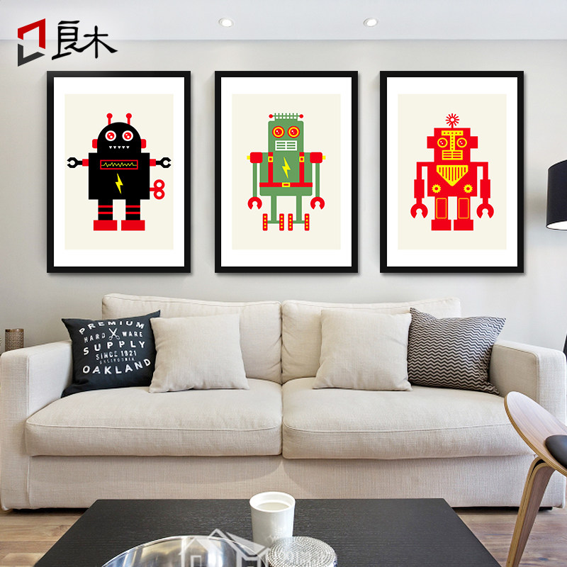 良木简约现代挂画机器人瓦力男孩儿童欧式三联现代装饰画