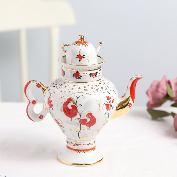 茶香淡淡 俄罗斯皇家lomonosov硬瓷红色公鸡手绘茶具 下午茶茶壶