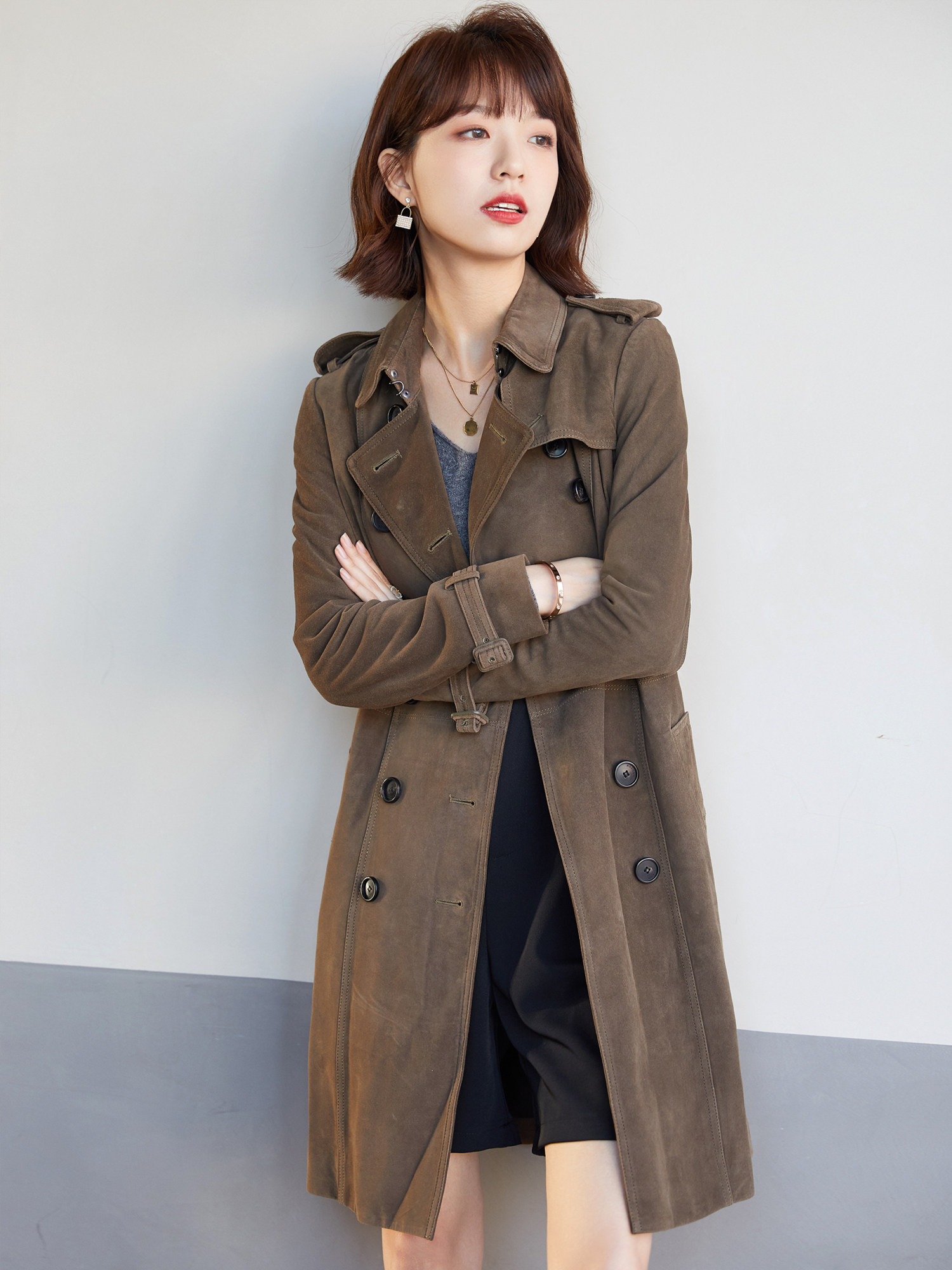 英伦腰带修身磨砂小羊皮绒面面皮中长款皮风衣皮衣