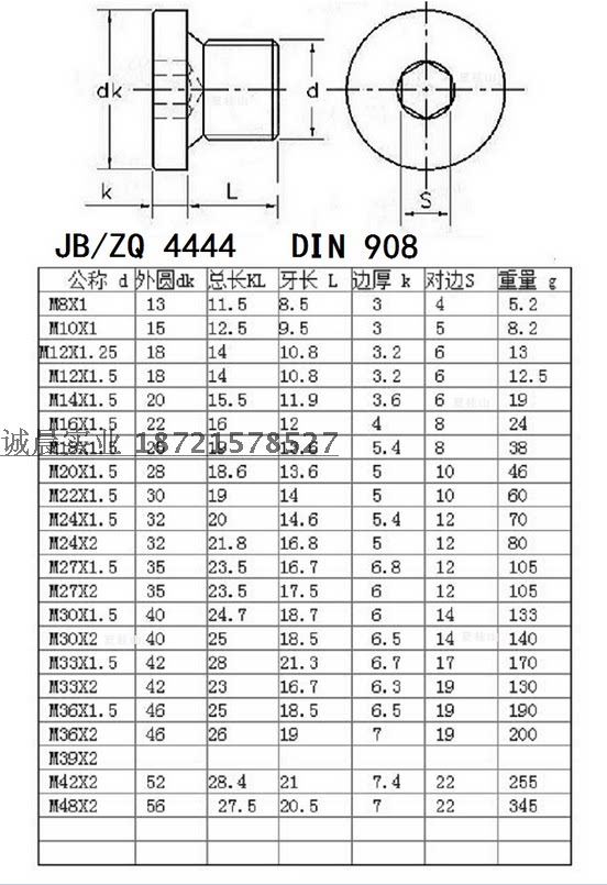 碳钢液压闷头油塞 带边内六角堵 螺塞 法兰面堵头 管堵 m39*2