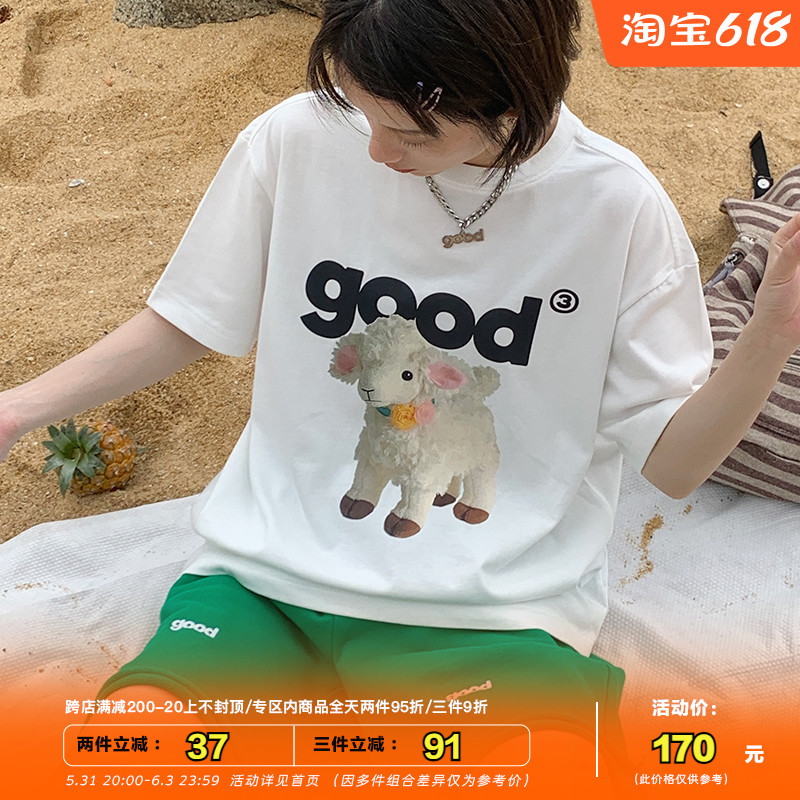 美好商店MeihaoStore春夏白色休闲原创圆领印花小羊羔good短袖T恤