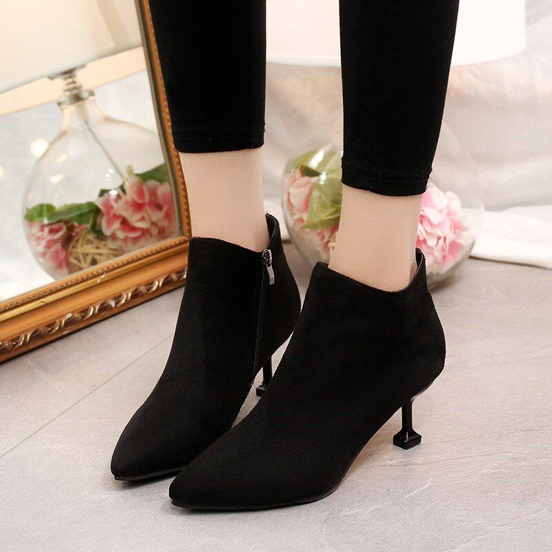 秋季靴子女鞋细跟小跟尖头高跟鞋中跟低跟浅色猫跟短靴裸靴马丁靴