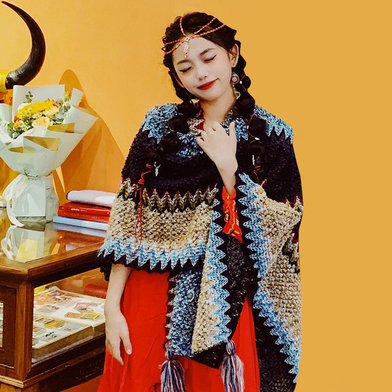 新疆西藏丽江旅游拍照披肩民族风旅行保暖针织斗篷围巾