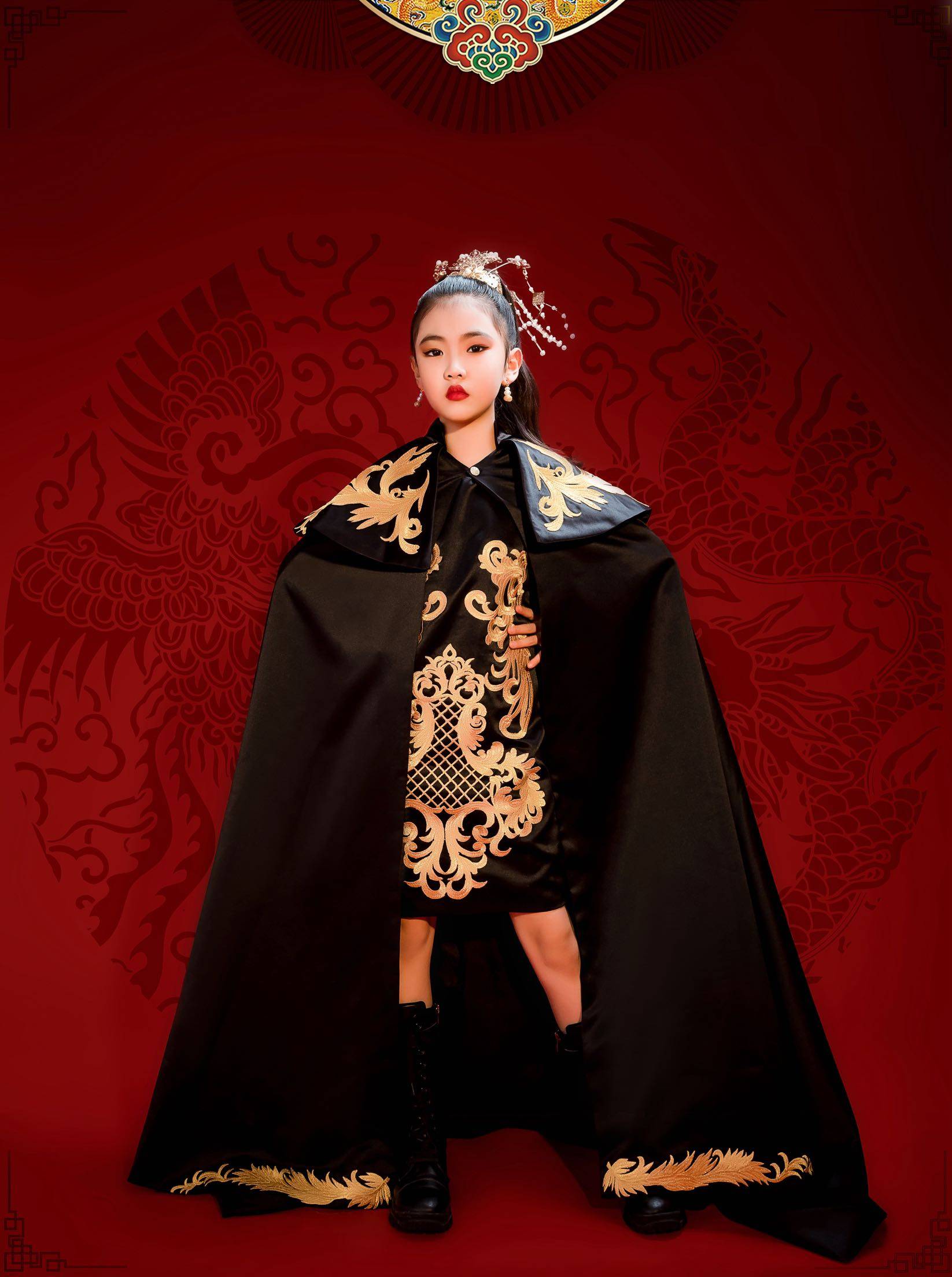 女童晚礼服高端女孩走秀款霸气女大童拖尾国潮中国儿童礼服