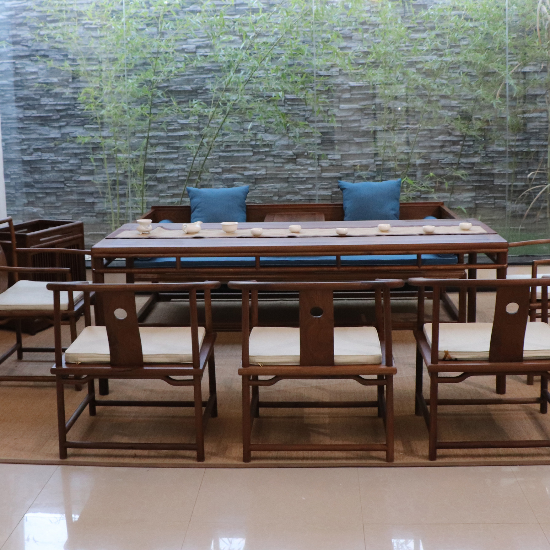 以木为居中式罗汉床茶桌椅组合沙发实木禅意小户型榆木卯榫美人塌