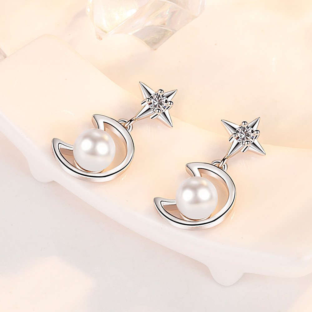 s925纯银闪钻星月耳钉2022新款小众轻奢简约耳钉