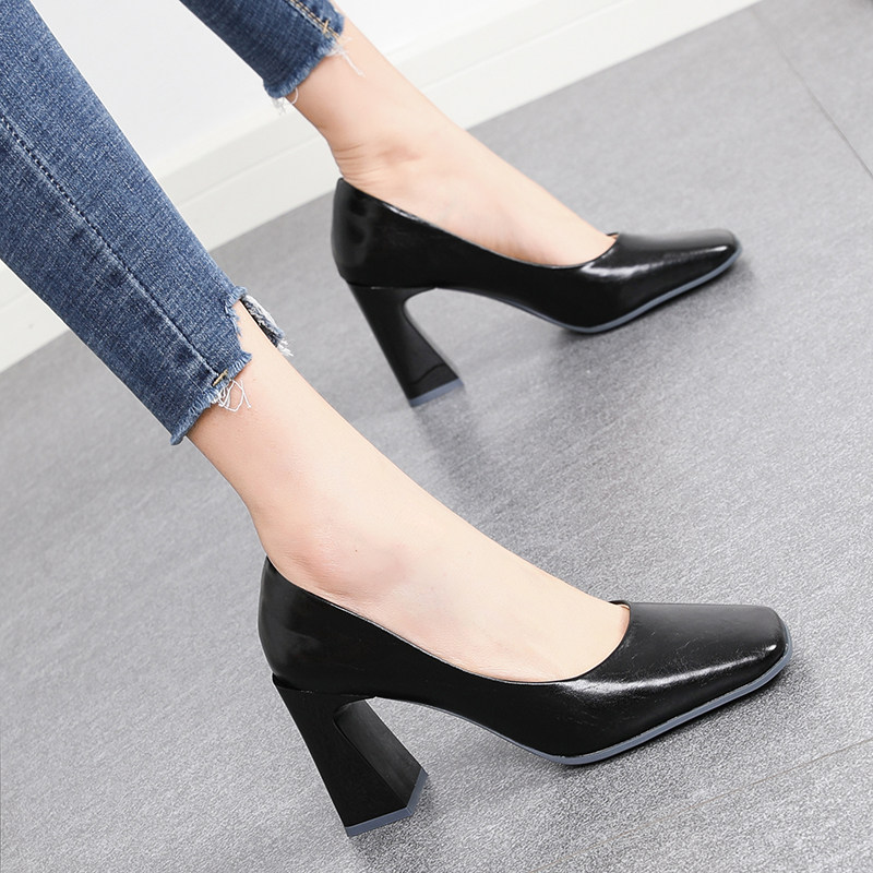 单鞋女2021新款方头高跟鞋女粗跟浅口工作鞋欧美春秋单鞋