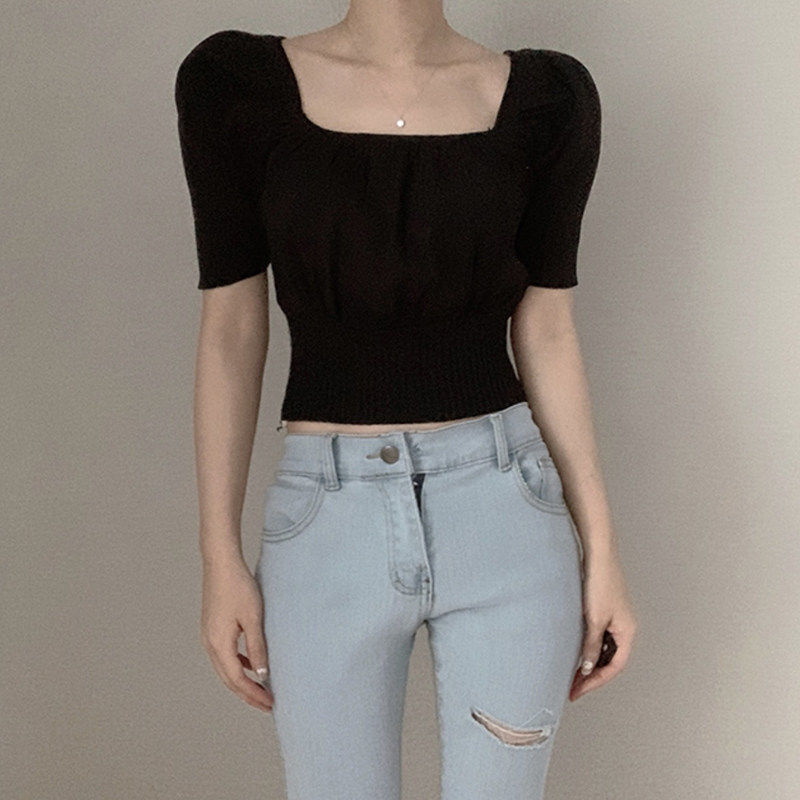 eu街拍气质纯色方领宽肩显瘦短款针织上衣女收腰显瘦短袖t恤