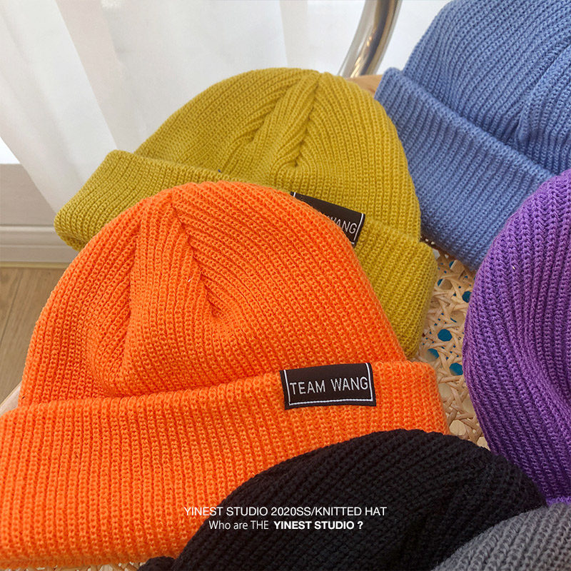 王嘉尔同款街舞毛线帽子teamwang男女韩版百搭橘色针织瓜皮冷帽潮