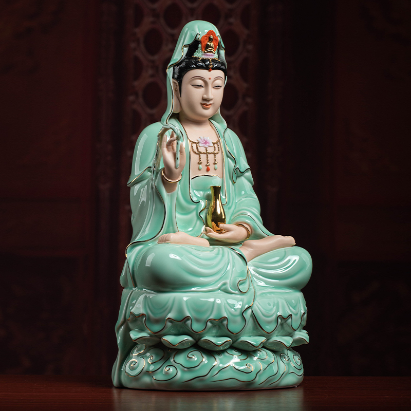 七珍陶瓷摆件青瓷祥云观音菩萨像观世音佛像摆件