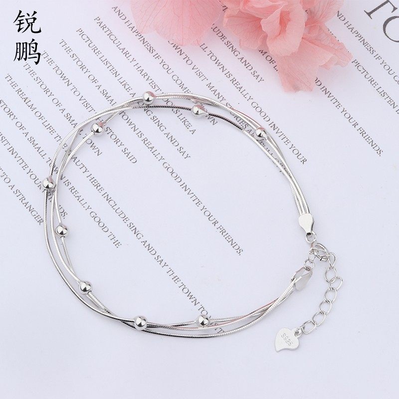 锐鹏纯银手链银线带珠韩版简约个性情侣学生手链