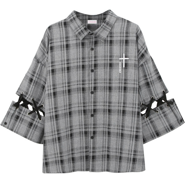 Cat ready to original gray plaid shirt jacket Harajuku cool handsome stitching straps hollow Cat ready to original gray plaid shirt jacket Harajuku cool handsome stitching straps hollow