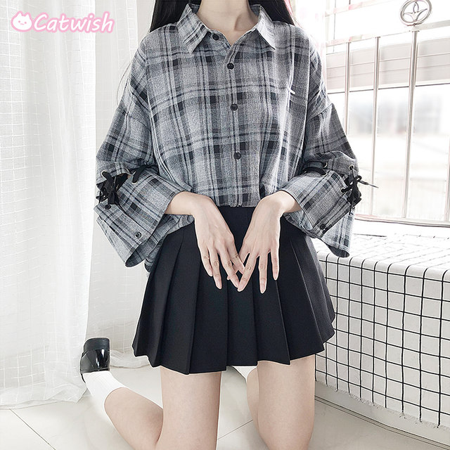 Cat ready to original gray plaid shirt jacket Harajuku cool handsome stitching straps hollow Cat ready to original gray plaid shirt jacket Harajuku cool handsome stitching straps hollow
