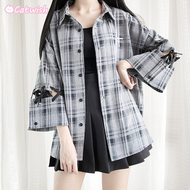 Cat ready to original gray plaid shirt jacket Harajuku cool handsome stitching straps hollow Cat ready to original gray plaid shirt jacket Harajuku cool handsome stitching straps hollow