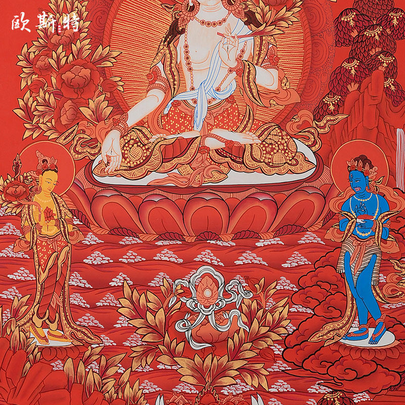 欧斯特白度母佛像唐卡尼泊尔手绘红唐红卡天然矿物现代装饰画
