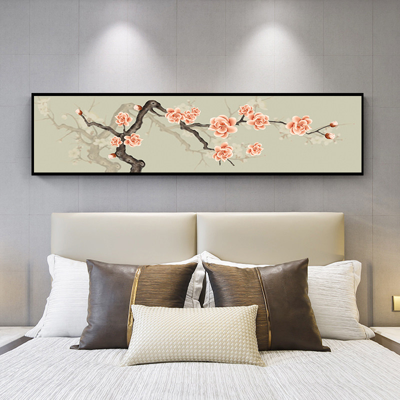 新中式床头壁画墙壁花鸟房间酒店挂画山水横版现代装饰画