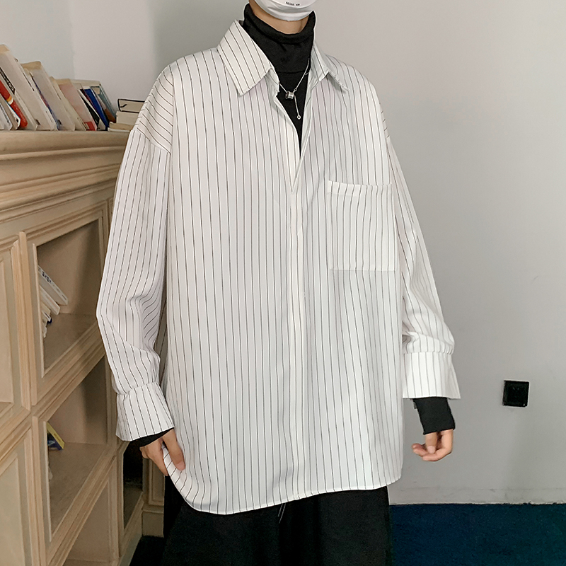 韩版ins两件半高高领宽松条纹衬衫潮男港风日衬衫