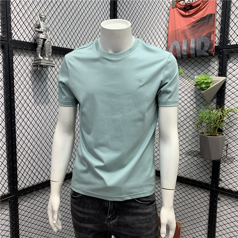 夏季新款男士丝光棉短袖T恤潮牌宽松简约刺绣纯色百搭半袖体恤男