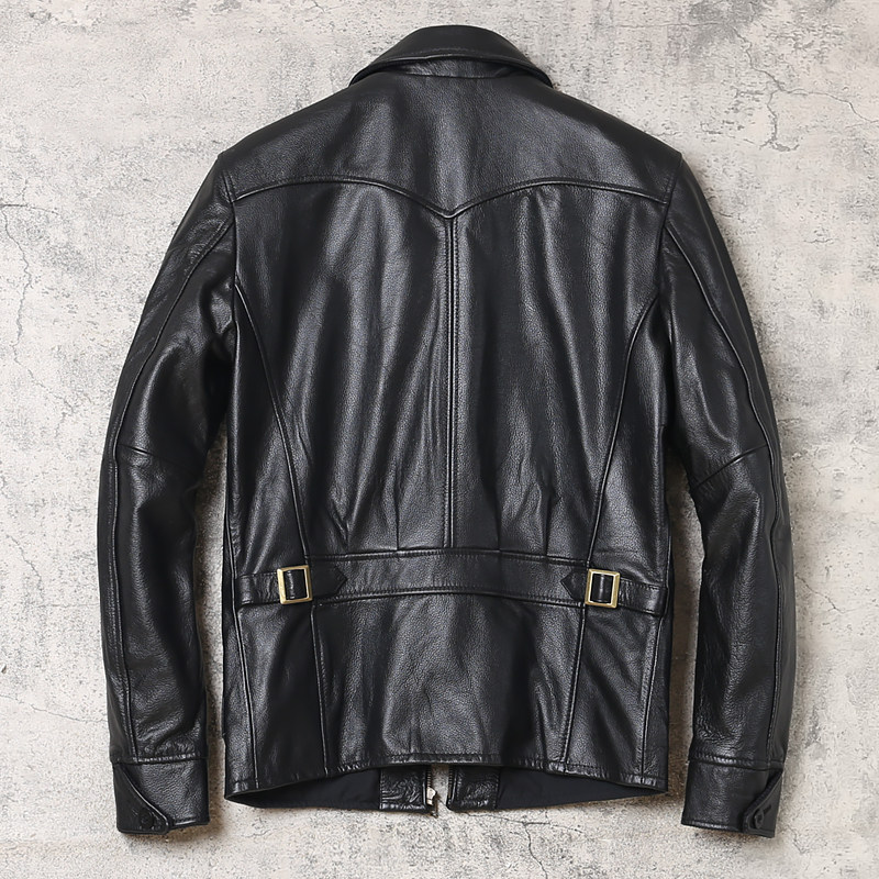 男士纯头层牛皮机车皮夹克休闲翻领多口口袋男装皮衣