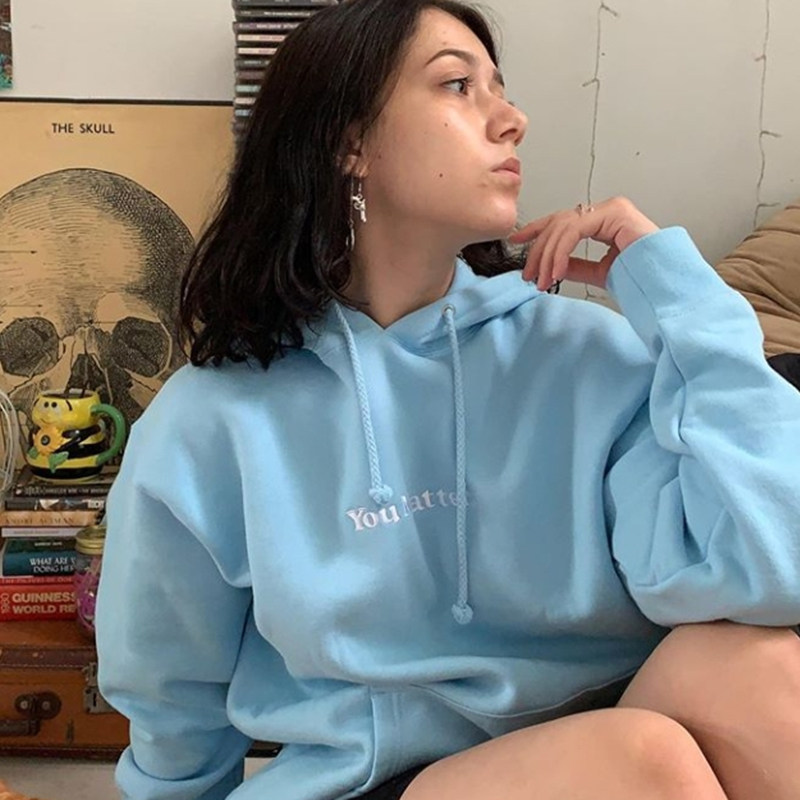 vintagetang美式复古潮牌卫衣女连帽ins蓝色卫衣