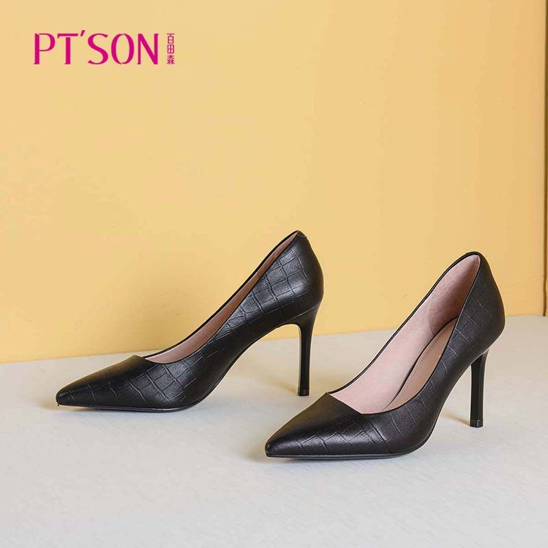 百田森2021年春季新款尖头羊皮女单法式高跟鞋细跟单鞋