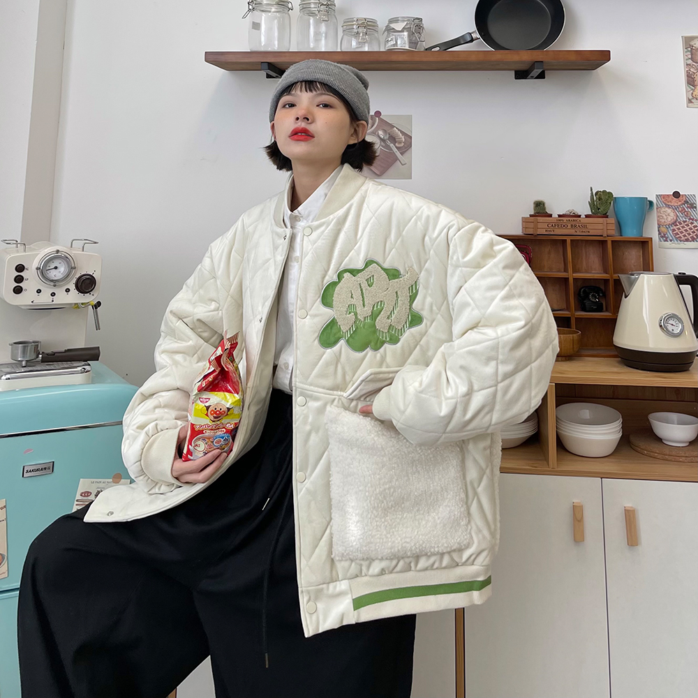 怕麻烦菱格棒球棉衣女2021冬季新款宽松bf潮牌拼接羊羔毛加厚外套