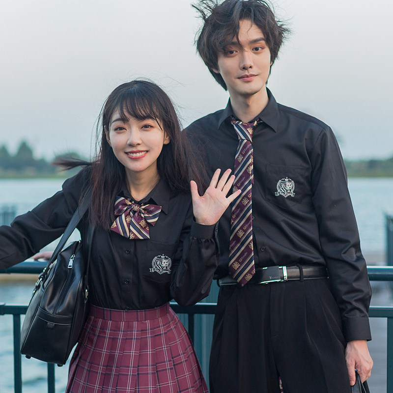 下课原创正版jkdk刺绣长袖衬衫黑白情侣学院衬衫