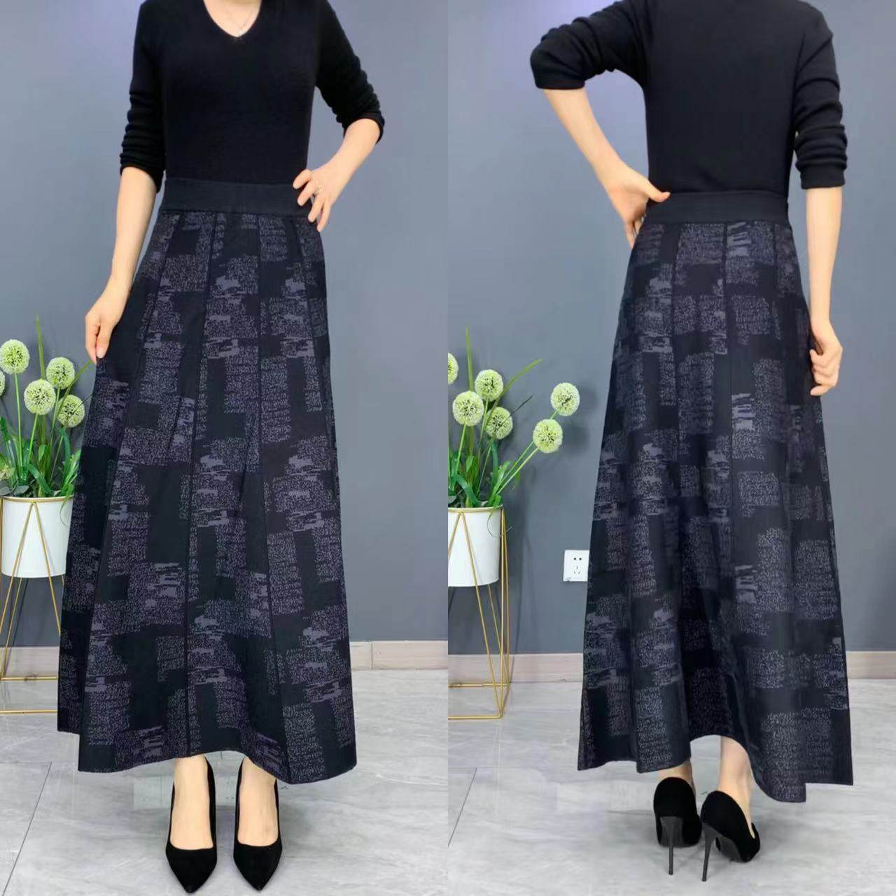 秋冬羊毛半身裙女士大摆高腰加厚保暖花色a字裙中老年妈妈款长裙