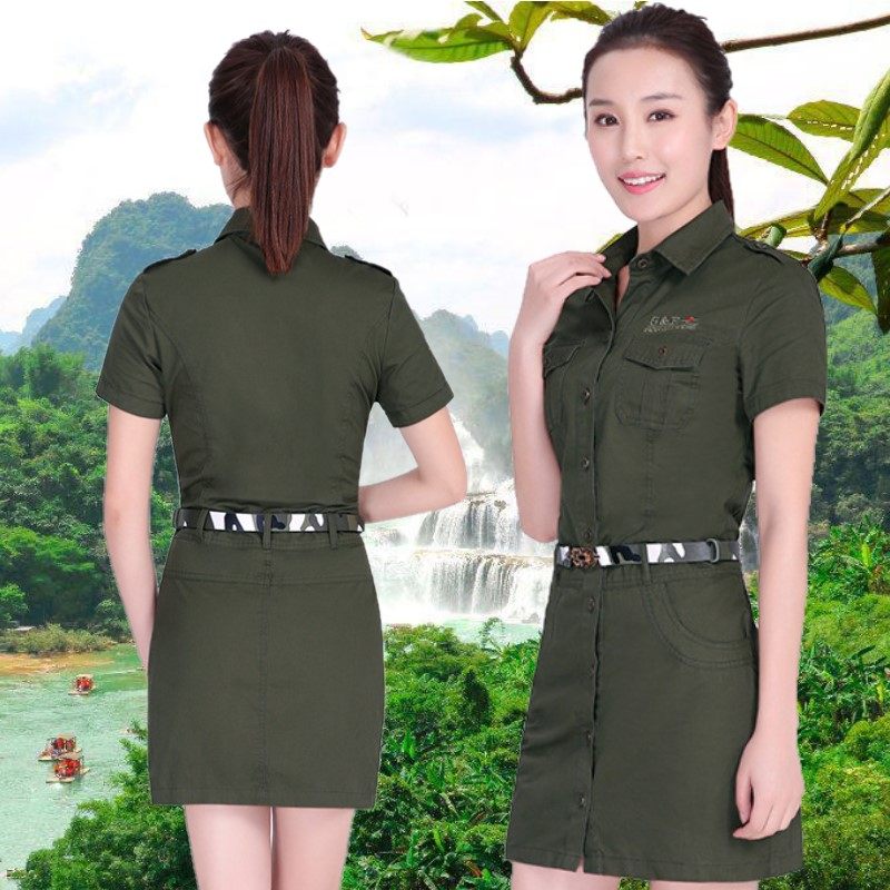 户外短袖迷彩军装一步翻领衬裙2020夏季修身裙子