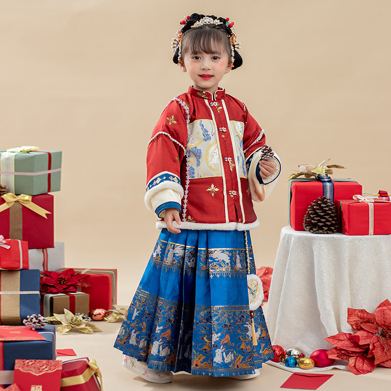 女童原创汉服冬装加绒加厚明制对襟织金马面裙古风新年儿童拜年服