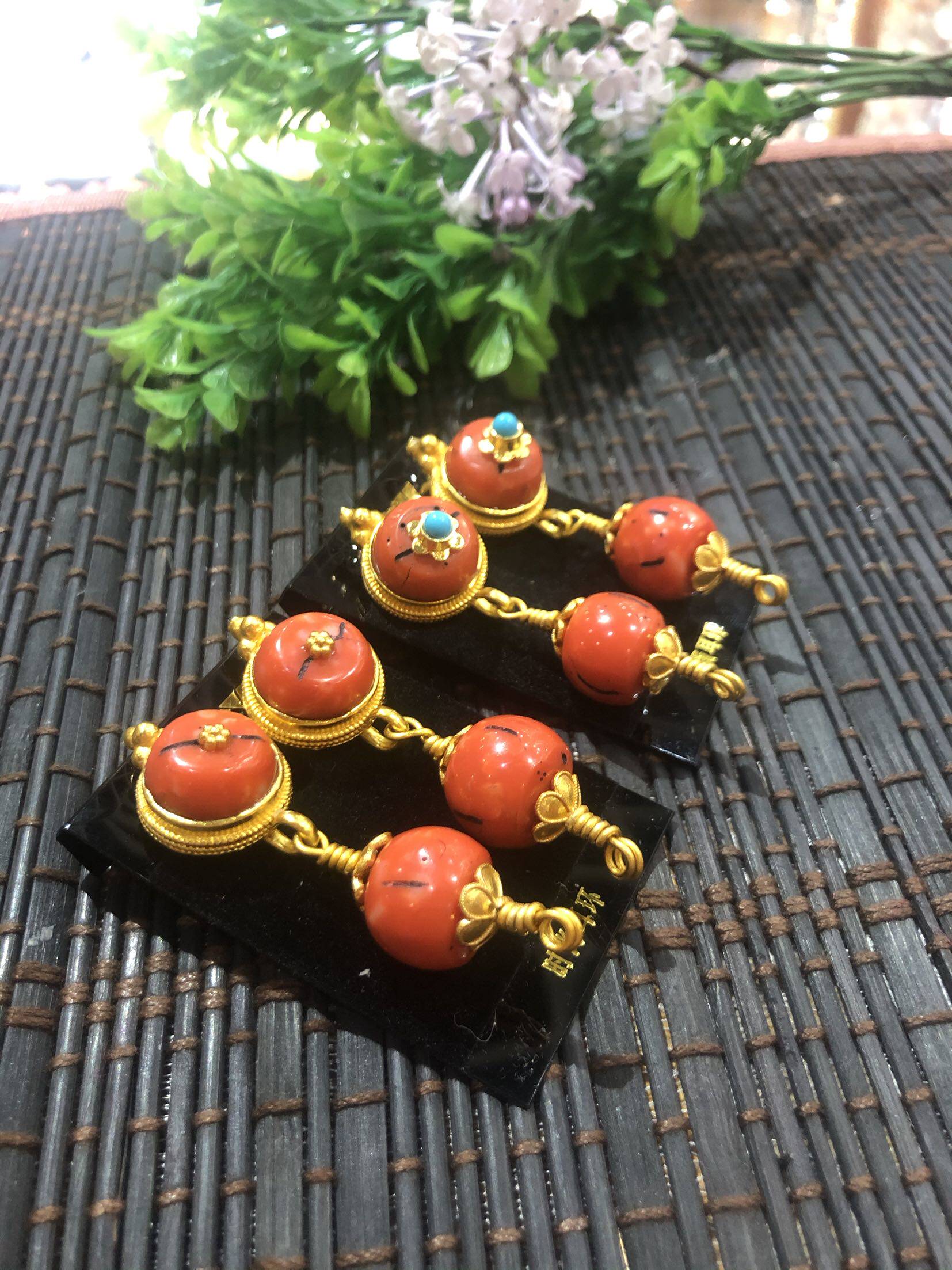 印度珊瑚尼泊尔铜鎏金精品精品流苏耳环耳坠不掉耳环